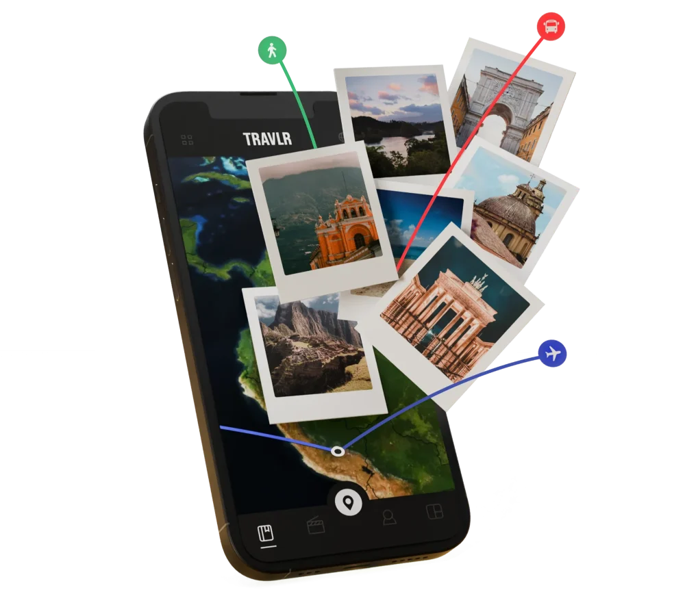 The TRAVLR app on a phone, showing a trip drawn across a map with travel photos fanning out above it.